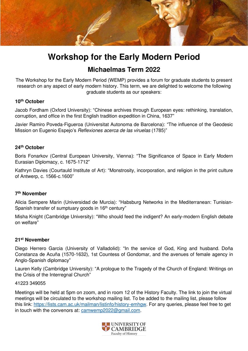 Workshop for the Early Modern Period presents our Michaelmas Term 2022 programme! 🍂 

All welcome, in person or online! Please join our mailing list for Zoom links: bit.ly/3CjjLfs