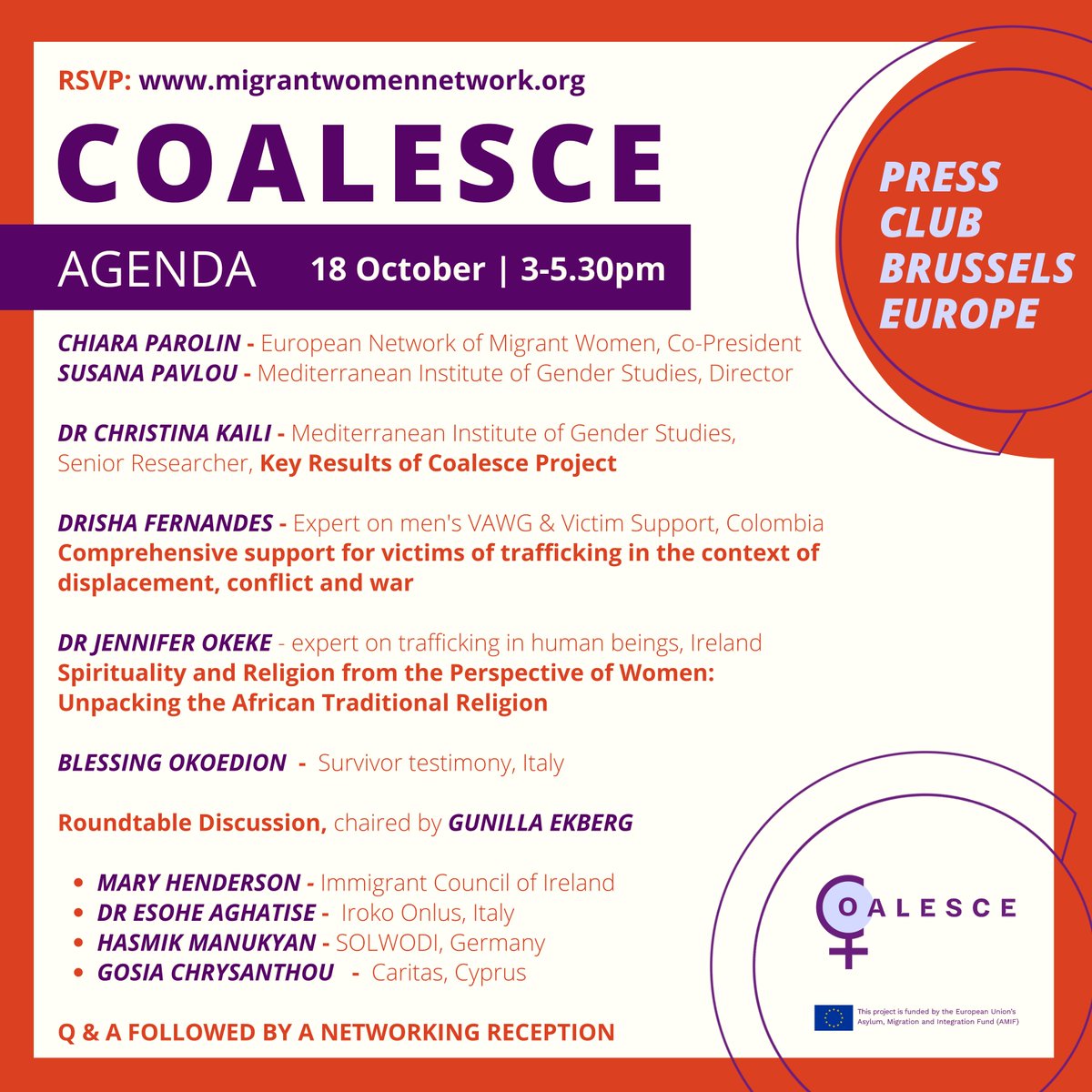 ENoMW's tweet photo. If you are in Brussels, do not miss the event on 18 October #EUAntiTraffickingDay marking the end of the #COALESCE project that developed a methodology for comprehensive support of female migrant victims of trafficking for sexual exploitation in Europe: https://t.co/AMvesv6gT6. https://t.co/owf5PEmwZT