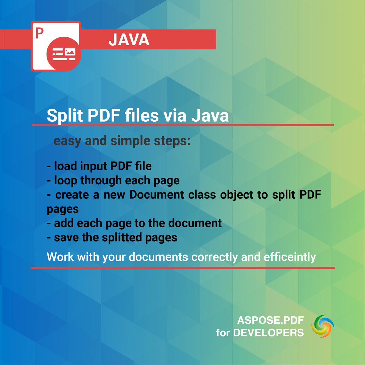 AsposePDF's tweet photo. Split PDF Files into multiple using Java, by Aspose.PDF for Java Libraryπ
Click the link to view the code snippet: https://t.co/qUKiGpfbhA
#splitpdf #pdfsplitter #asposesplitter #SplitPDF https://t.co/Hvz55bIGbY