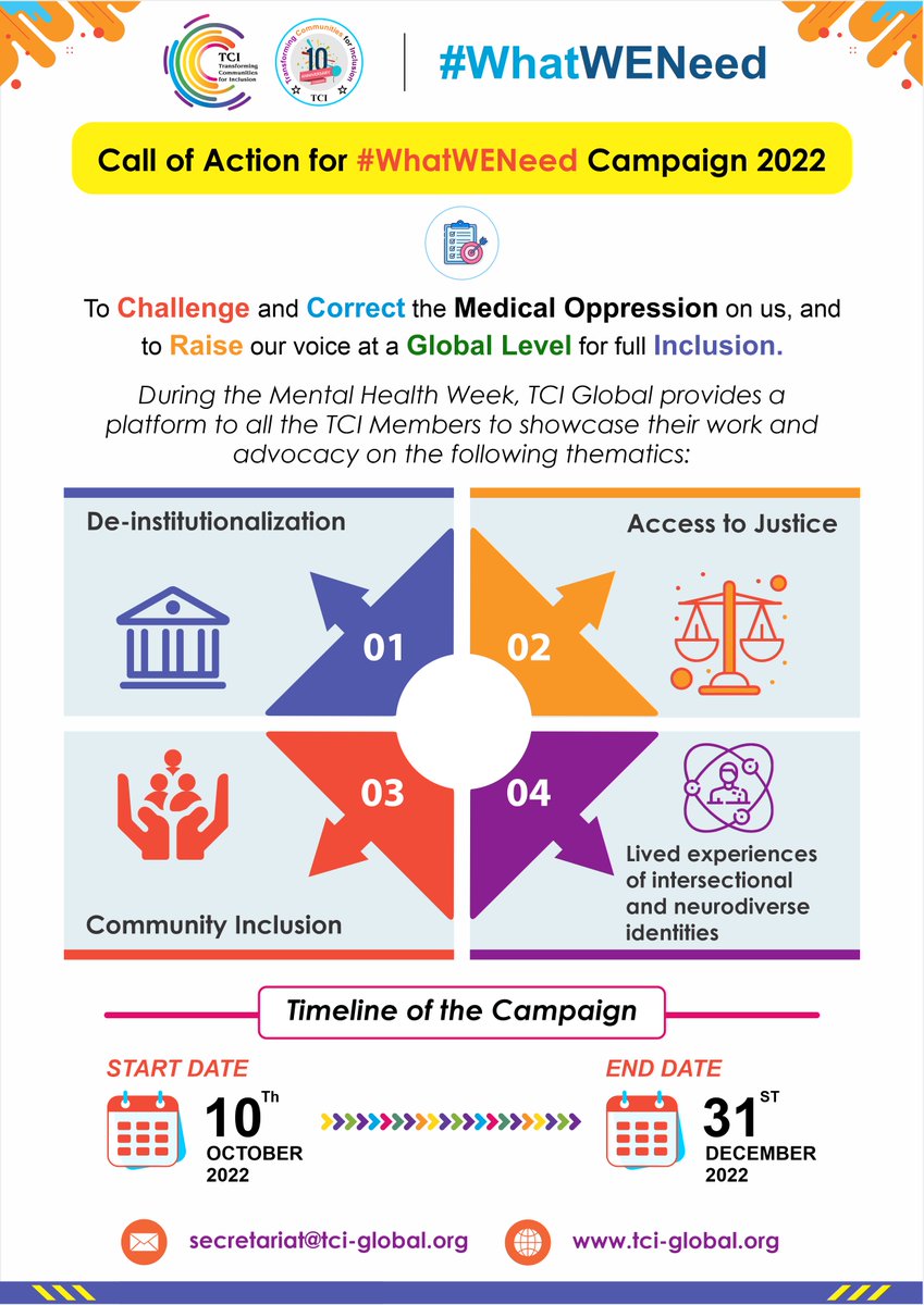 📢 Launching TCI's annual advocacy campaign, #WhatWENeed 2022! 

We invite submissions towards this year's thematics: #deinstitutionalization, #accesstojustice, #communityinclusion, and #livedexperiences of #intersectional & #neurodiverse identities. 

#WorldMentalHealthDay