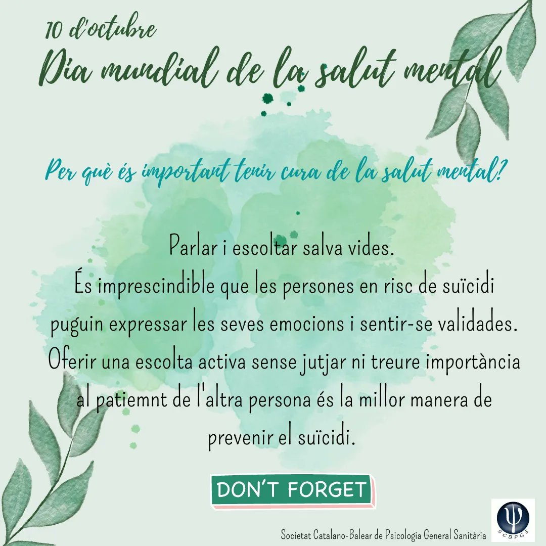 scbpsicologia's tweet photo. 10 octubre - Dia Mundial de la Salut Mental

Fer de la salut mental i el benestar per a tots una prioritat mundial 🧠✊🏼

#MentalHealthDay https://t.co/CoDk0zyKGr