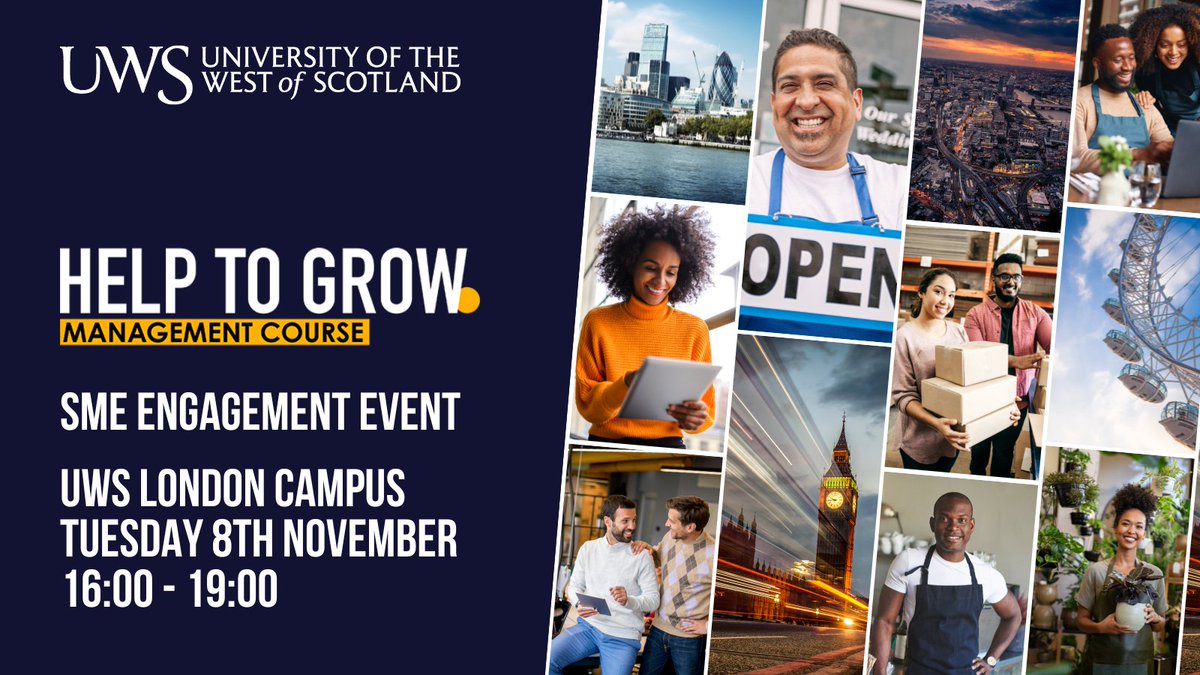 Join us at UWS London campus on Tuesday 8th November to secure a FULLY FUNDED place on our Help to Grow: Management programme. 

Register to attend: bit.ly/HelpToGrowLond…

#LondonEvents #LondonNetworking #HelpToGrowManagement #London #UWS #BusinessSupport