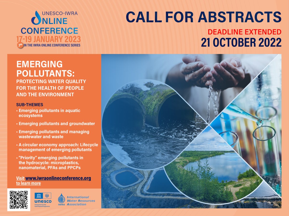iwra_water's tweet photo. Deadline Extended ❗️The deadline to submit abstracts for the UNESCO-IWRA Online Conference on “Emerging Pollutants: Protecting Water Quality for the Health of People and the Environment”, is now October 21 🗓
 
For more information please visit: 
🌐 https://t.co/uOE84uj0h8 https://t.co/67ndbOEN99