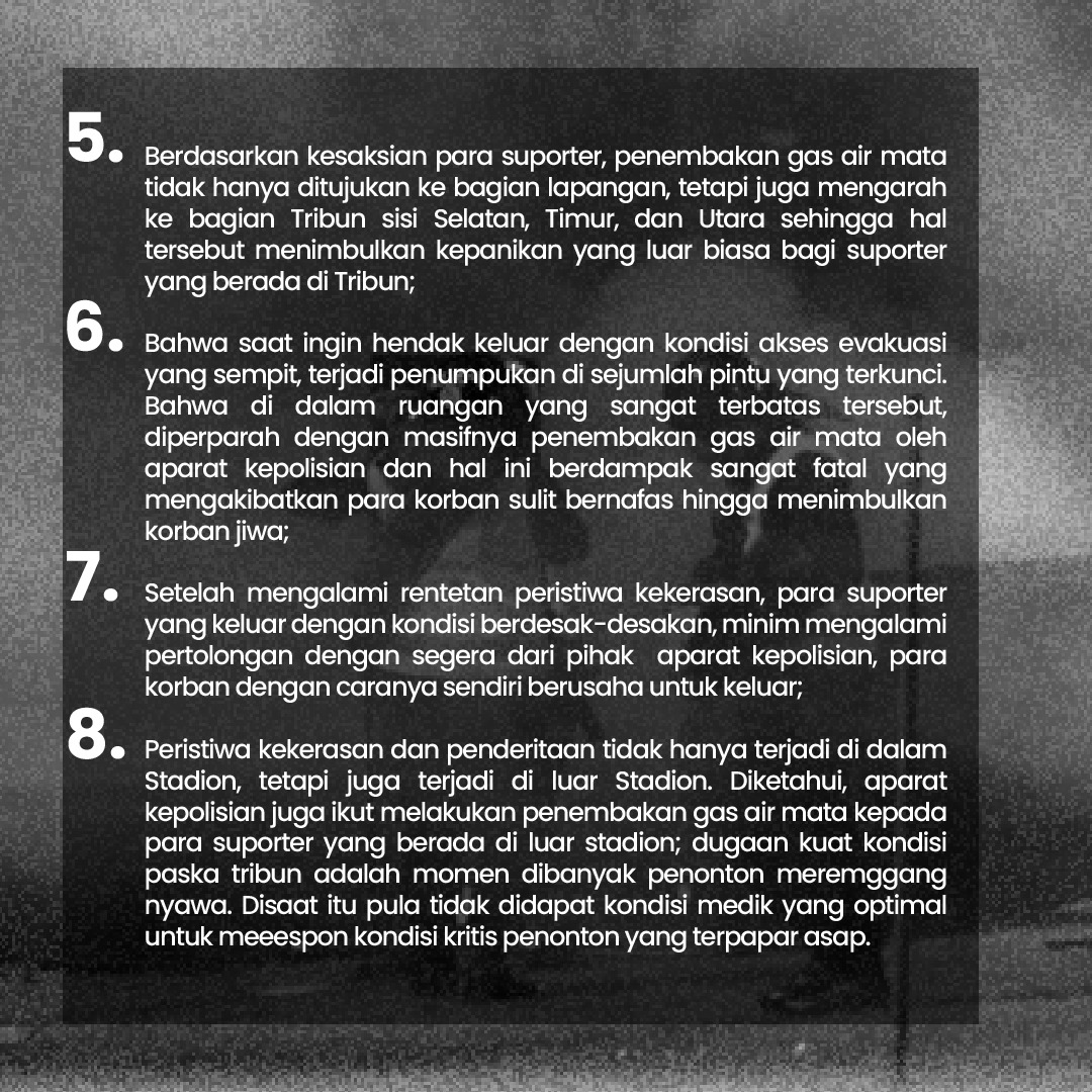 YLBHI's tweet photo. Selain itu, kami menduga timbulnya korban jiwa adalah akibat dari efek gas air mata yang digunakan oleh aparat kepolisian. Lebih lanjut temuan awal tersebut, kami uraikan sebagaimana tertulis dalam slide berikut: https://t.co/FR1P4eryFs