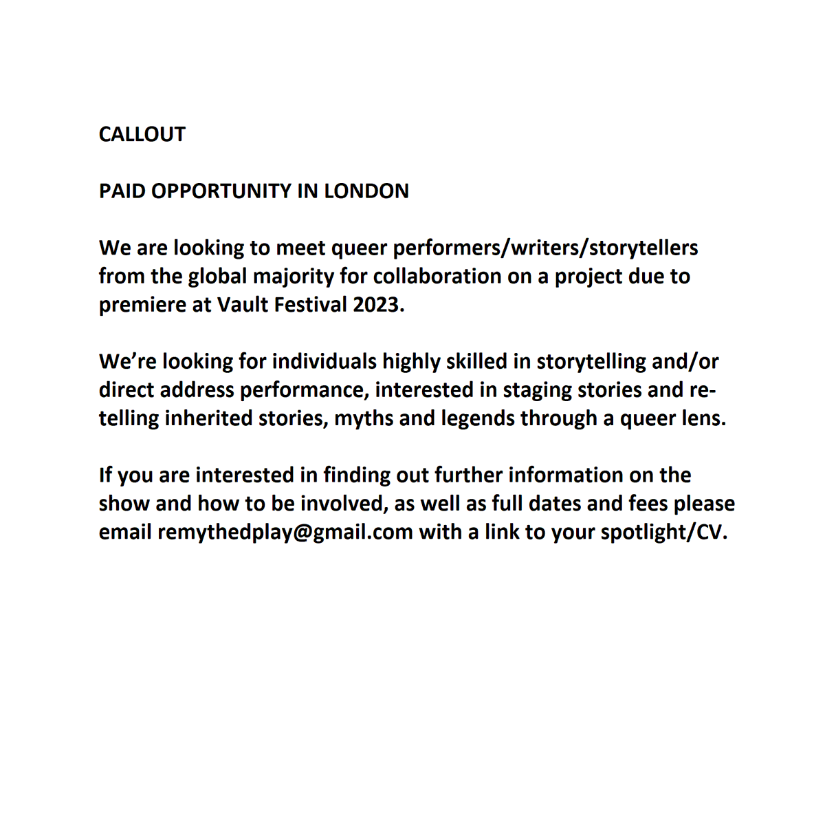 We want to talk to LGBTQ+ performers/storytellers from the global majority about collaborating on a performance at @VAULTFestival 2023.

Please share far and wide, tag anyone you think might be interested and if you want to hear more than please email remythedplay@gmail.com