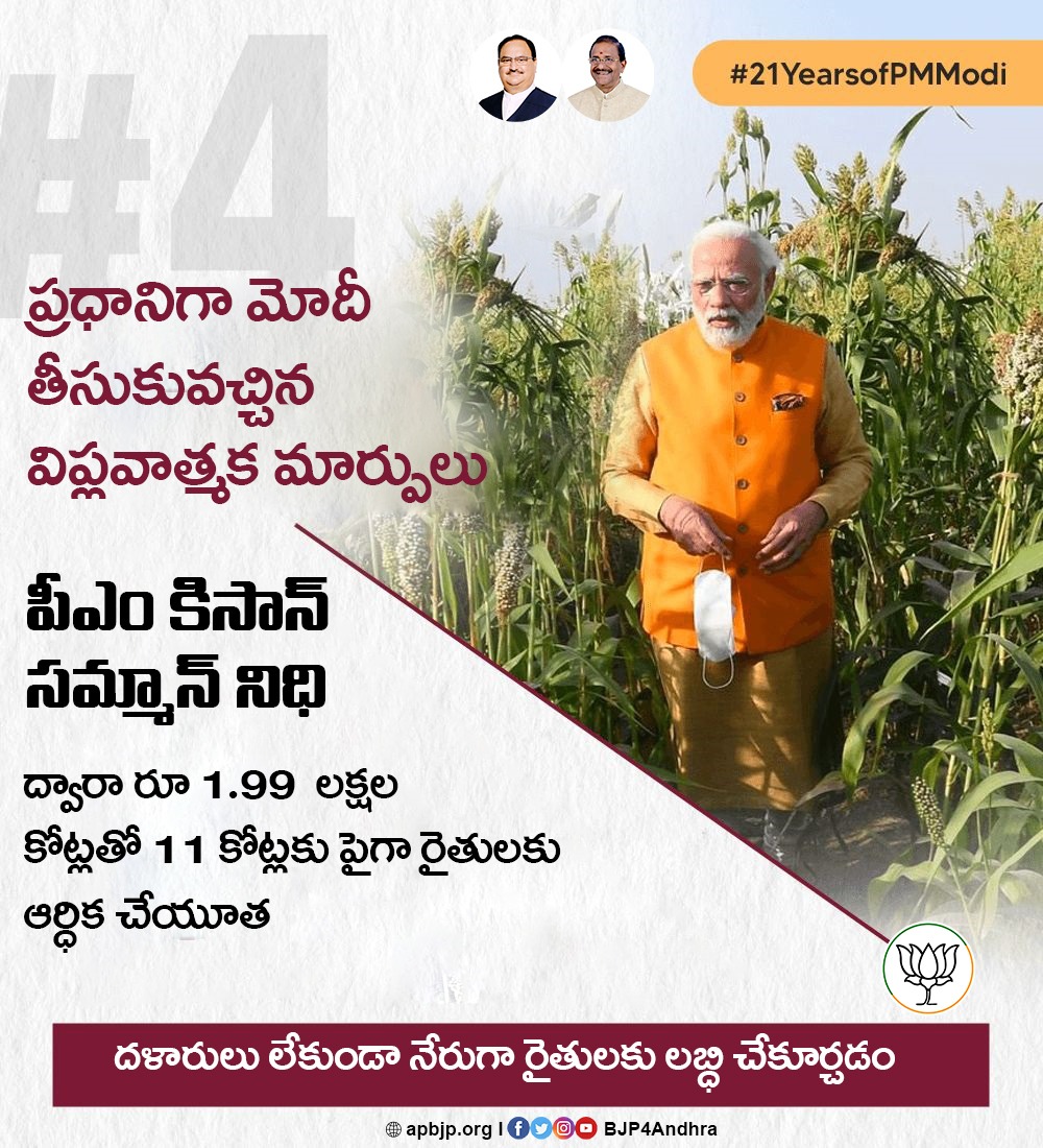 BJP4Andhra's tweet photo. ప్రధానిగా @narendramodi గారు తీసుకువచ్చిన విప్లవాత్మక మార్పులు
పీఎం కిసాన్ సమ్మాన్ నిధి
#21YearsofPMModi https://t.co/7Xb0JJ55pc