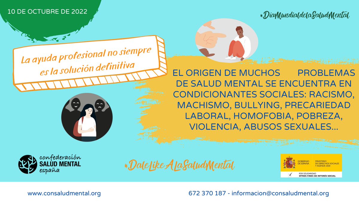 👀 No todo lo soluciona la #psiquiatría o la #psicología, existen muchos condicionantes sociales que pueden causar problemas de #SaludMental y para ello es necesario intentar abordar estos conflictos de raíz #DíaMundialdelaSaludMental #DaleLikeALaSaludMental