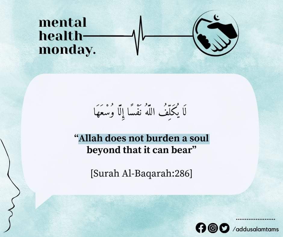 addusalamtams's tweet photo. Here’s your weekly reminder that mental health matters. So take a moment to sit back, breathe, and relax. Put your trust in Allah and may your week be blessed with progress, tranquility, joys, and victories.
#MentalHealthMondays
#SALAMMHM https://t.co/F6i0wD99S9