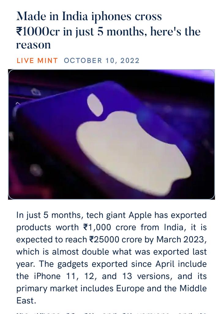 zahidpatka's tweet photo. Apple Sways To The
Beats Of India!
Kudos PM @narendramodi Ji Govt #MakeInIndia #MakeForWolrd #PLI scheme @Apple has exported products worth ₹1,000 crore from India, it is expected to reach ₹2,5000 crore by March 2023 achieve 100% Export Growth
https://t.co/Fabn7tpzKJ
@PMOIndia https://t.co/eVzwwE5g9x