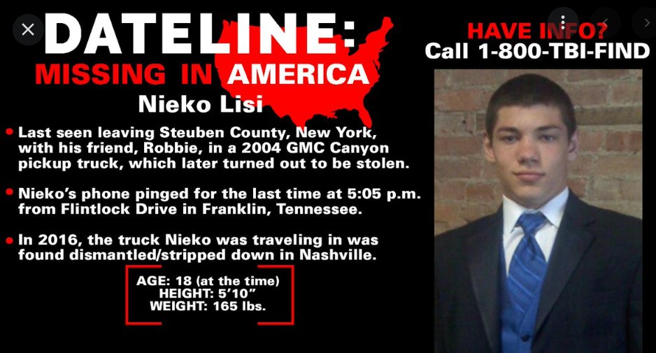 PhD_OnTheCouch's tweet photo. Nieko Lisi would be 29 now, I remember when he disappeared #NiekoLisi last seen 9/30/11 from Hornell New York, Addison, #SteubenCounty Sightings in Ohio, Michigan, Franklin Tennessee. This was a @nyspolice case, but was taken over by @TBInvestigation @TBIJoshDeVine Podcast below https://t.co/kak3ZlmYhG
