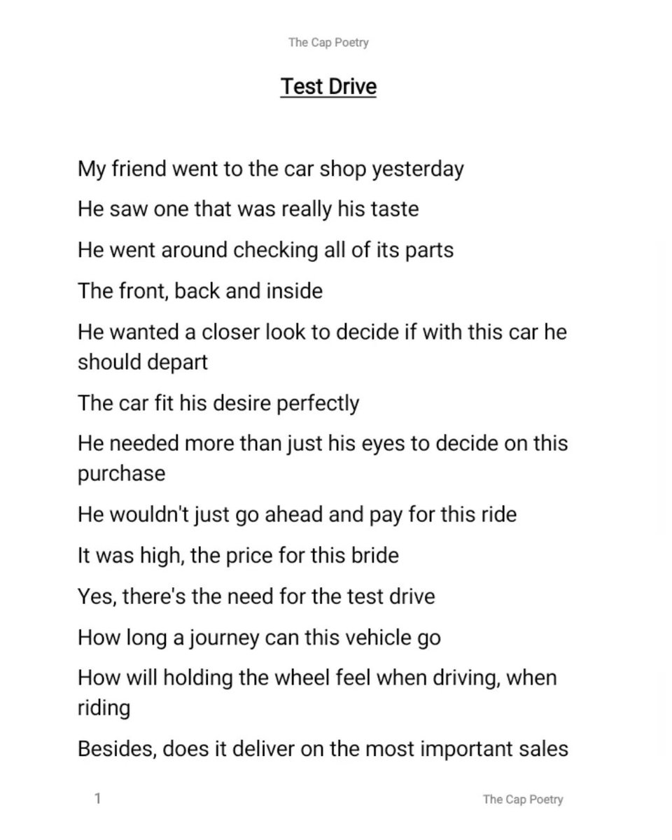 CapPoetry's tweet photo. Test Drive
‘How will holding the wheel feel when driving, when riding
"A ride of two yields a third party in nine months"’
#tcpoetry
#testdrive
#waituntillmarriage
#sexualcompatibility
#like
#share https://t.co/rwsE1KB2v3