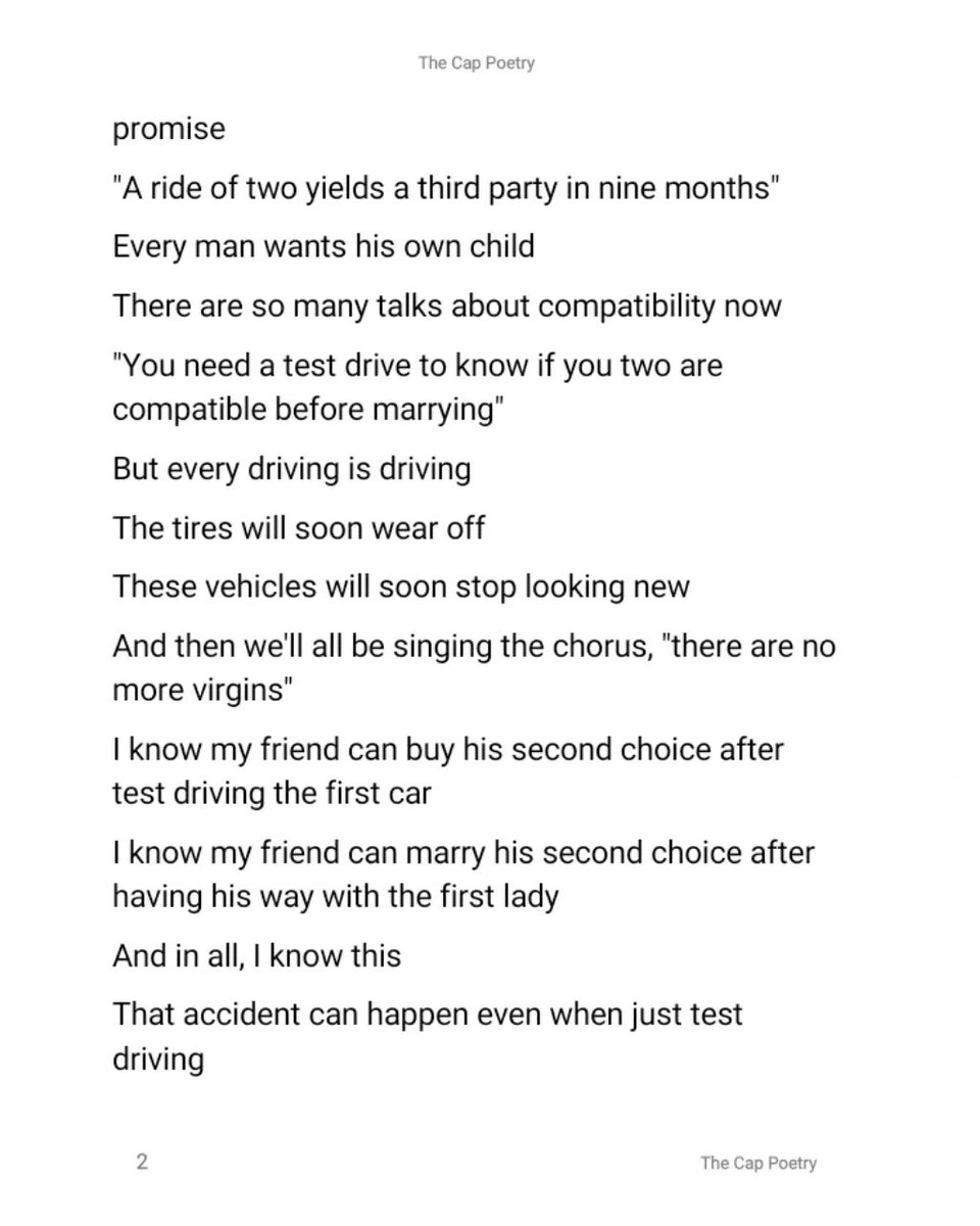 CapPoetry's tweet photo. Test Drive
‘How will holding the wheel feel when driving, when riding
"A ride of two yields a third party in nine months"’
#tcpoetry
#testdrive
#waituntillmarriage
#sexualcompatibility
#like
#share https://t.co/rwsE1KB2v3