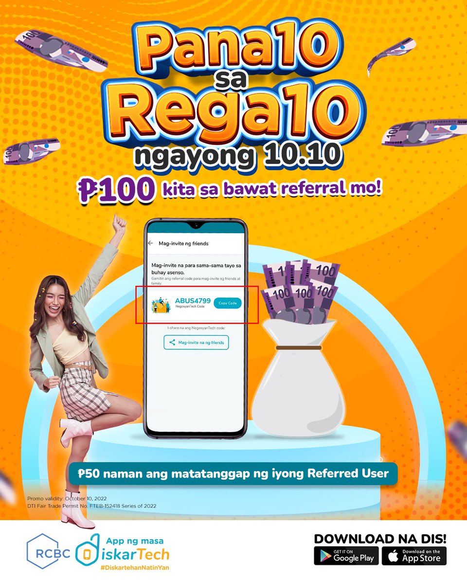 rcbcdiskartech's tweet photo. Kumita ng mas malaki ngayong 10.10! Share na your NegosyanTech code. Yun oh!
Download na dis! Hanapin ang DiskarTech app sa Google Playstore or Appstore.
#DiskartehanNatinYan #DiskarTech #AppNgMasa #HalosLahatPwede https://t.co/zHmn05AyBD