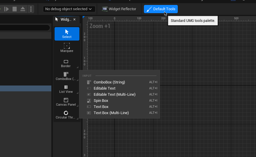 evelyn_schwab's tweet photo. This is a bit of a smaller one but I think is a symptom of a great direction Epic is going in with UI improvements; a  tools panel for the UMG editor, another experimental plugin under "Tool Palette for the Widget Editor". Most entries have drop down menus too! #UE5 https://t.co/0G1nBp64Go
