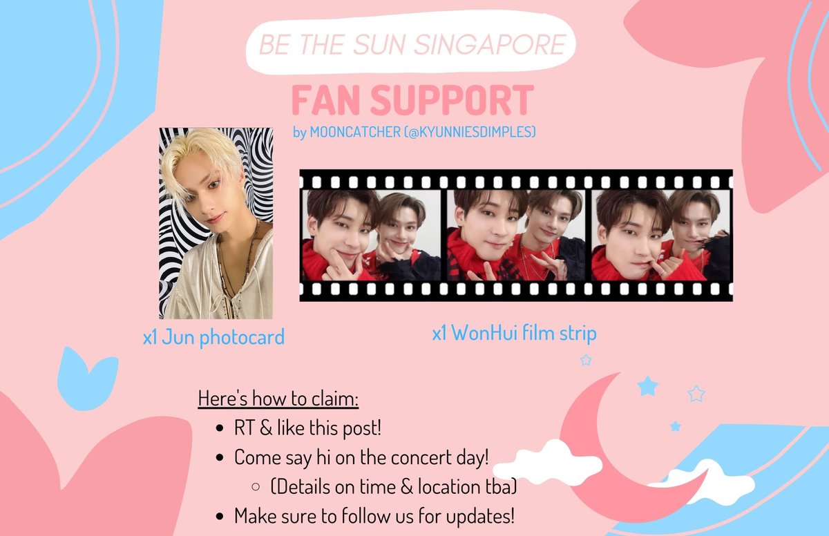mc_kstore's tweet photo. HELP RT 💕

🌙 Jun &amp; WonHui Fan Support for Seventeen’s Be The Sun Singapore Concert! 

✨ By Mooncatcher (AKA @kyunniesdimples) 

💎 More info in the poster!

⬇️ Check the thread for other fan supports I’ll be passing out with my friends!

#bethesuninsg #bethesunsingapore https://t.co/pOduKO1lPF