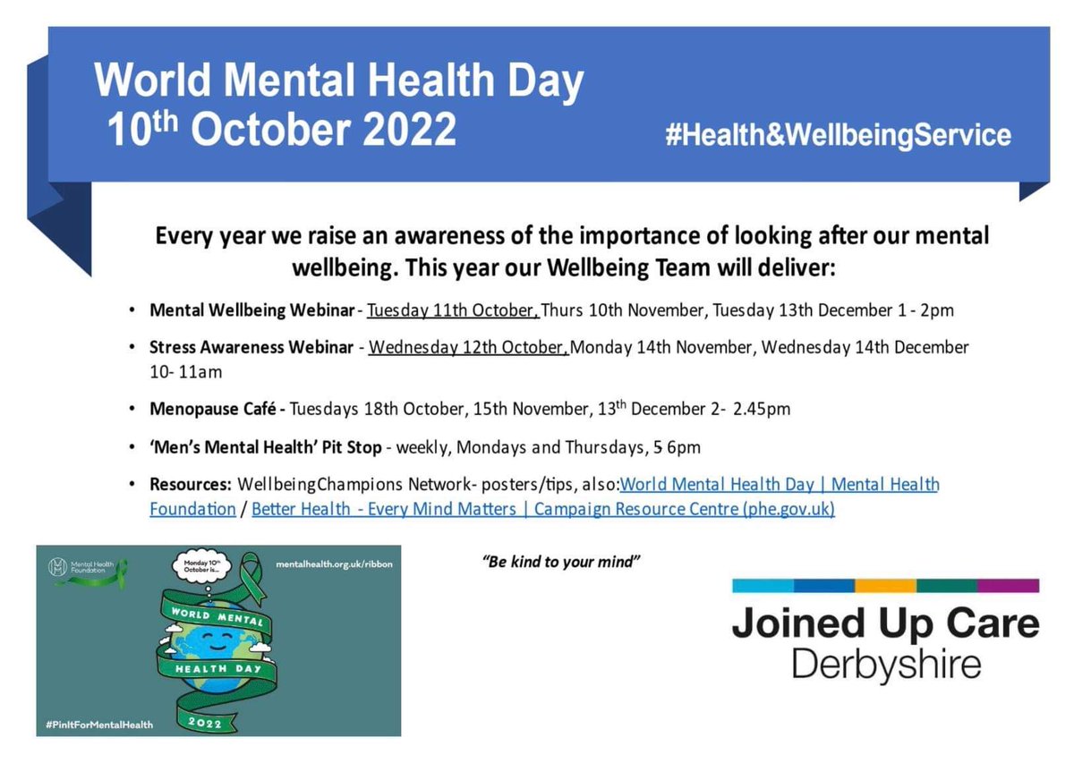 UlaUlaz13's tweet photo. Let’s talk mental health! MONDAY, 10th OCTOBER 2022, WORLD MENTAL HEALTH DAY 🥰 Here @UHDBWellbeing we offer #peersupport #webinars #dropinsessions #resources 💙 https://t.co/NXwRf0KKwg #bekindtoyourmind @JoinedUpCare @UHDBTrust @royalhospital @DCHStrust @DHUHealthCare https://t.co/Q6EEf8V8D2