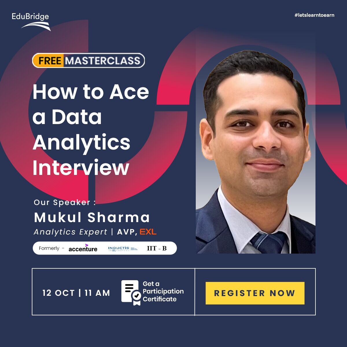 EduBridgelearn's tweet image. Want to crack Data Analytics interview with ease? Join us on 12 Oct 2022 @11 am to know the preparedness needed for a Data Analytics job interview from Mukul Sharma, AVP @ EXL

Register Now@ bit.ly/3RGsTPq

#datanalyticscourse  #dataanalyticsjobinterview #careerpecharcha