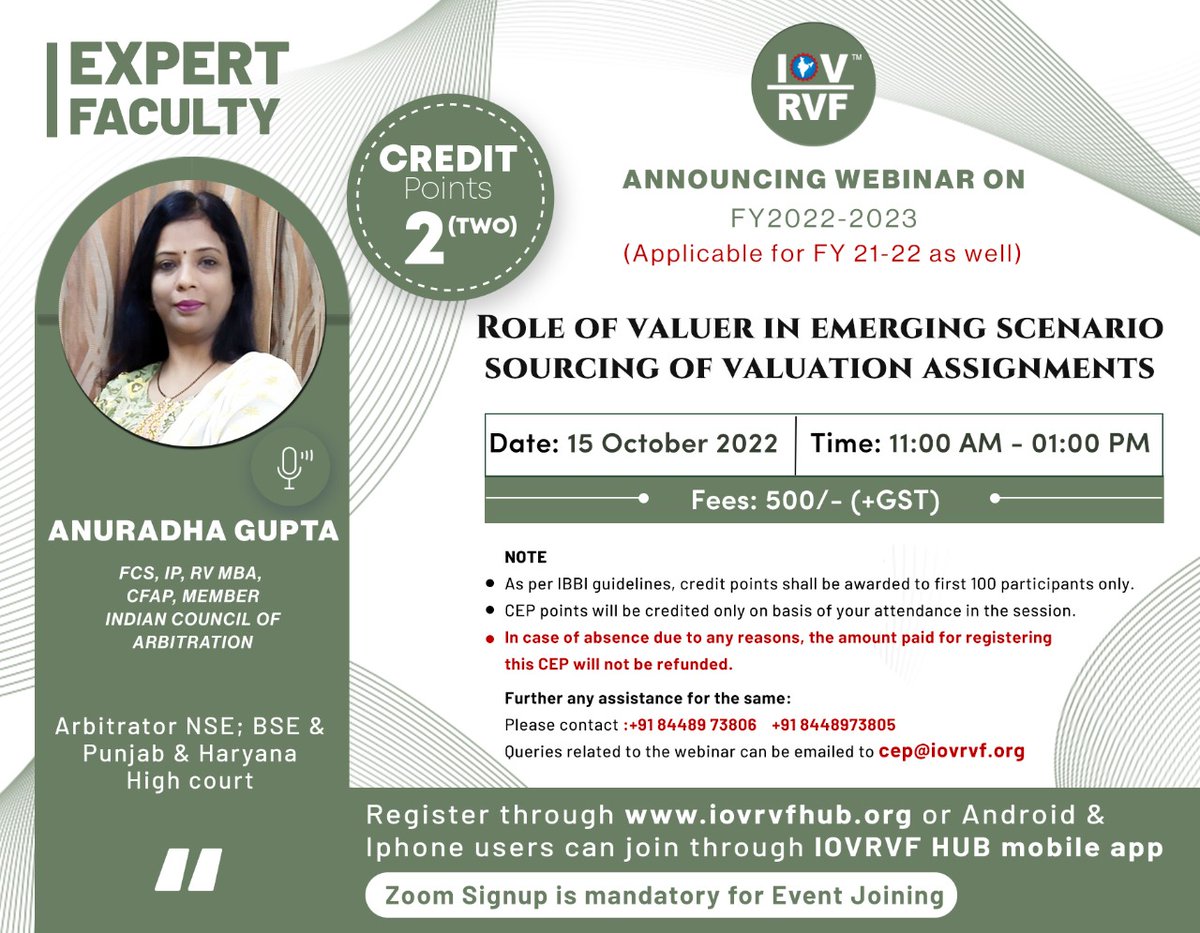 IOVRVF's tweet photo. IOV RVF Announces a CEP #webinar on 15 October, "Role of Valuer In Emerging Scenario Sourcing of #Valuation Assignments".
The registration link is:- https://t.co/wMY9Y7rEFZ
#IOV #IOVRVF #institutionofvaluers #CEP #CEPcourse #Valuers #onlinesession #Online #Delhi #experts https://t.co/a9SmYSQIuS