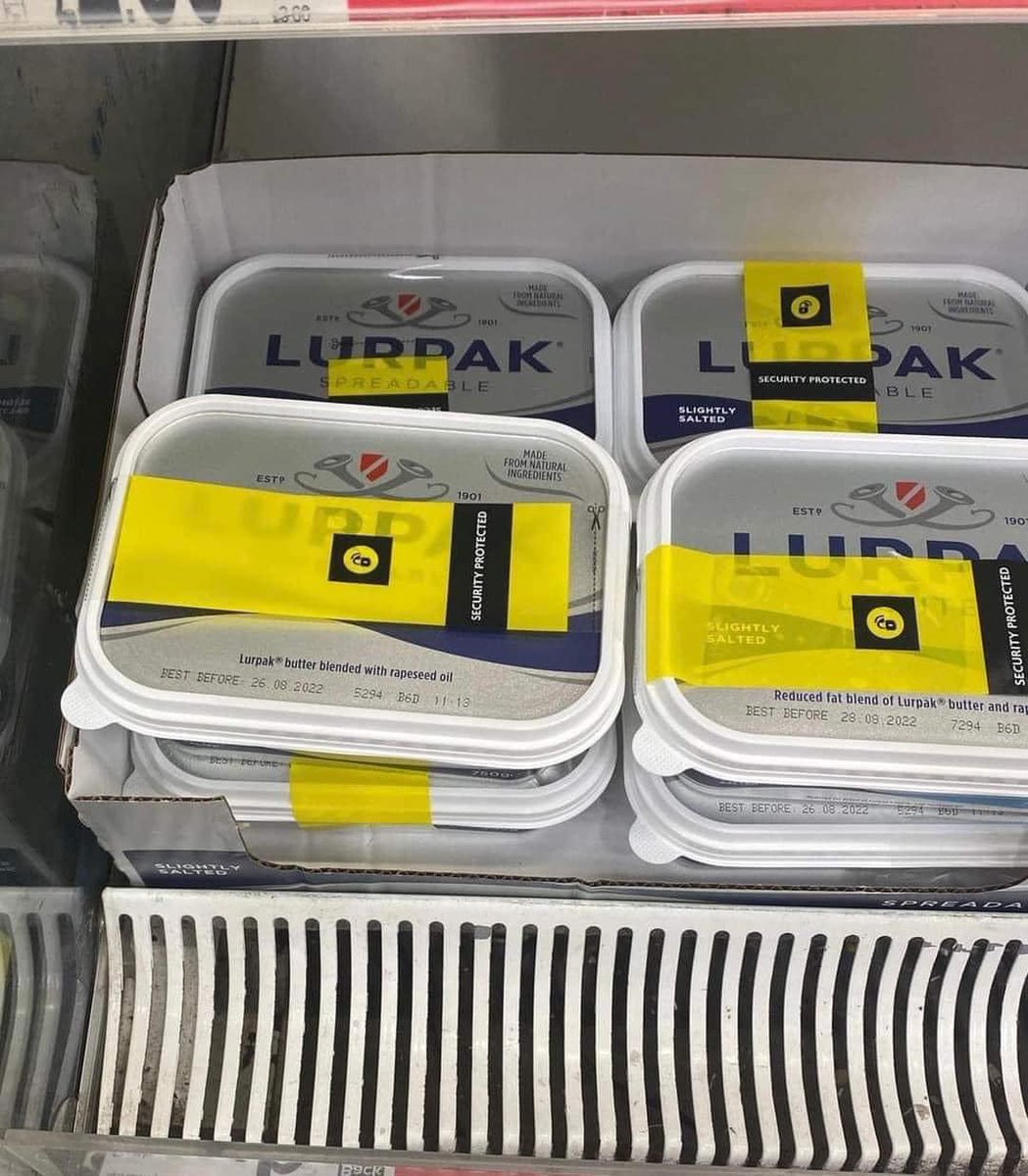 leilabilling's tweet photo. Security tags on cheese and butter in my local shop. As #CostOfLivingCrisis bites get ready for gov to start pushing narratives about ‘heroic’ volunteers &amp; food banks in a bid to frame these as complementary rather than oppositional to govt efforts. Don’t be fooled - 1/PA https://t.co/KtTSae5iBP