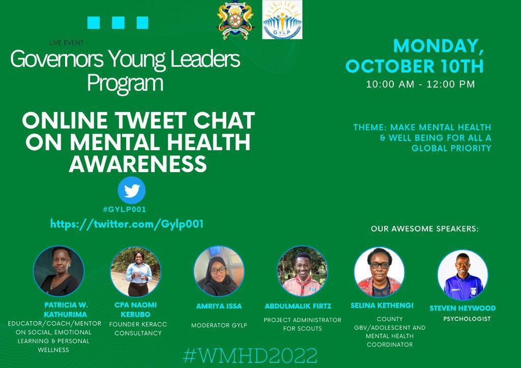 Welcome to our #WorldMentalHealthDay2022 Tweetchat where we talk of mental Health awareness with: 

<a href="/AmriyaYahya/">Amriya Issa Yahya</a> <a href="/suprimoheywood/">Heywood</a>
<a href="/ZaahidaS/">Zaahida Slim🌟</a> <a href="/manay1212/">aymannn 🇵🇸</a> <a href="/AbdulmalikFirtz/">Abdulmalik_F</a> <a href="/kerubo_ms/">Naomi Kerubo</a> <a href="/levelupspace/">Levelup Space</a> <a href="/leaveama/">kithinji</a> 

#gylp #WMHD2022