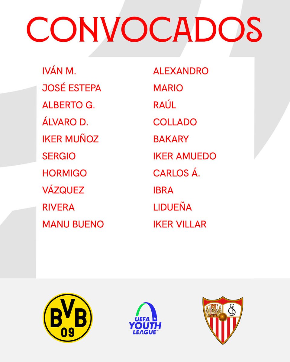 CanteraSFC's tweet photo. 📋 El #SevillaFCJuvA se desplaza también a Dortmund para la cuarta jornada de la @UEFAYouthLeague con una convocatoria de 2⃣0⃣ futbolistas. ✈️🇩🇪

#CanteraSevillaFC #WeareSevilla https://t.co/Fwx0O7vdHU