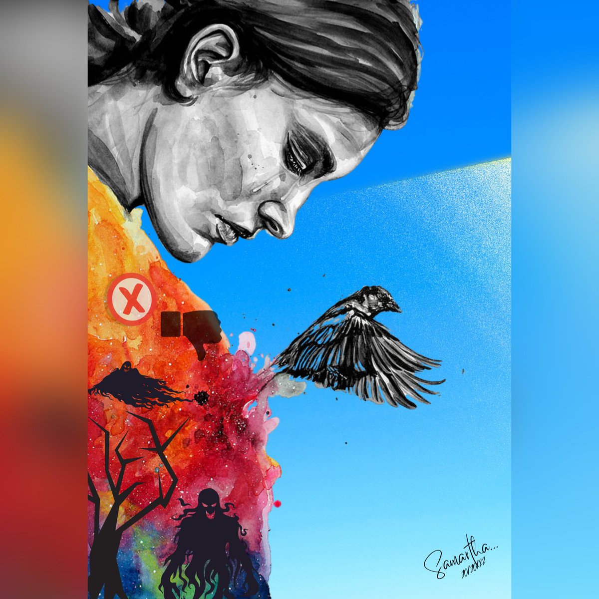 feedsnitt's tweet photo. Gravity has its hold,
It's relentless clutch on my soul
My wings, they aim to defy
The abyss to which it pulls.

Sultry winds, they break my flight
My battered wings falter some,
A haven waits for me, I hope
Regardless, my wounds will heal.

#WorldMentalHealthDay https://t.co/0wCkqYzCTp