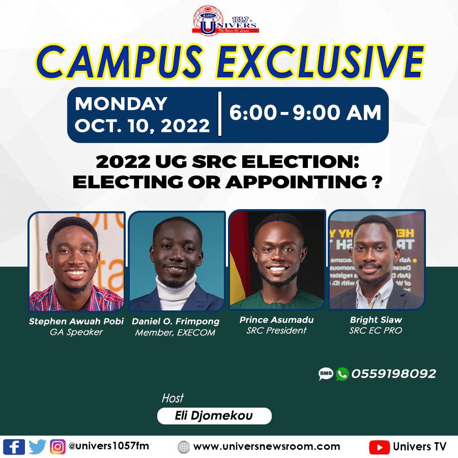 univers1057fm's tweet photo. Join @EliDjomekou this morning from now to 9 am on Campus Exclusive  #CampEx as he discusses @Ug_src elections 

#CampEx #UGDecides #ElectionLens #UniversNews https://t.co/VvqLeHty6Q