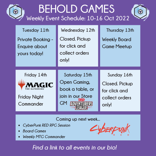 BeholdGames's tweet photo. We're starting to add to our regular roster of events so we thought this little weekly update would help!

#beholdgames #mtg #fnm #boardgamemeetup #CyberpunkRED #dungeonsanddragons5e #ddal https://t.co/SthgHBk1bN