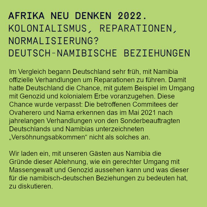 nothilfe's tweet image. Am Freitag, den 14. Oktober, kommen Vertreter:innen der Committes der Ovaherero und Nama nach Frankfurt ins @HausamDom, um unter dem Titel "#Kolonialismus, #Reparationen, #Normalisierung?" mit uns zu diskutieren. 

Alle Infos und Anmeldung unter: medico.de/termin/2022-10…