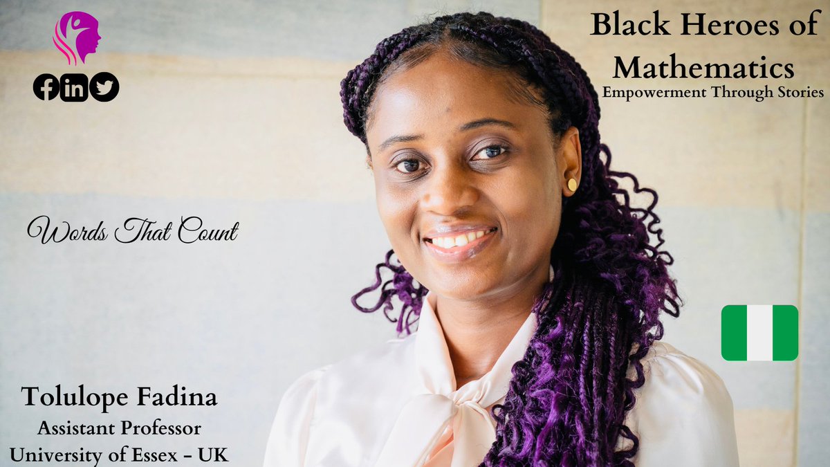 Meet @FadinaTolulope, one of the recently celebrated #BlackHeroesMaths. She is an Assistant Professor at @Uni_of_Essex. Her #stemjourney is an inspiration to the young generation; wordsthatcount.org/black-heroes-o…

@mausongi @DephneyMathebu1 @AIMSacza 
#empowermentthroughstories #maths