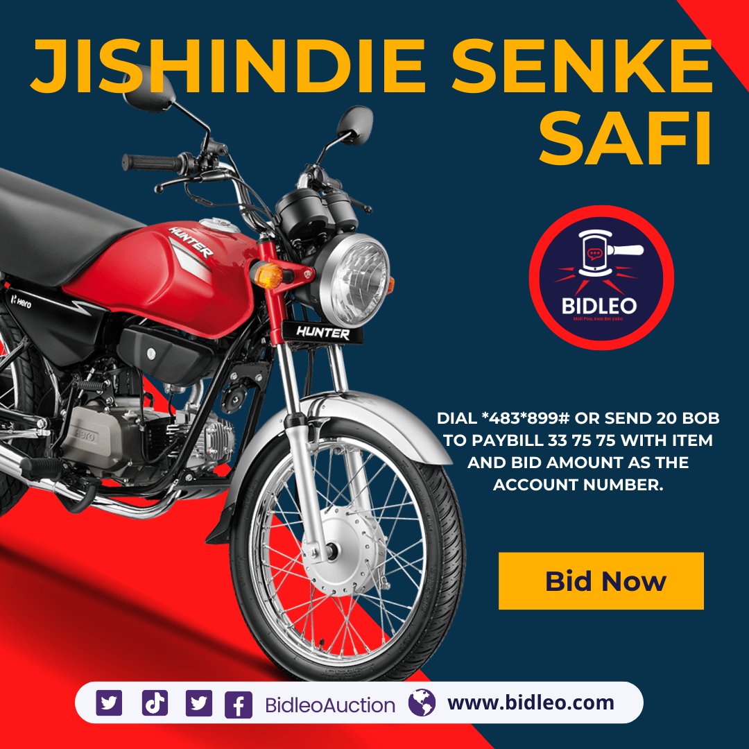 Anza Wiki Ki-champee 😎
Usikose Hustle na Tuko site✅

Pata Senke Safi na Mbao tu 🛵

Ni Simple 👏

Dial *483*899# or send 20 Bob to paybill 33 75 75 with item and bid amount as the account number.

You can also bid online at👉 bidleo.com

#BiNiLeo  #Bidleo