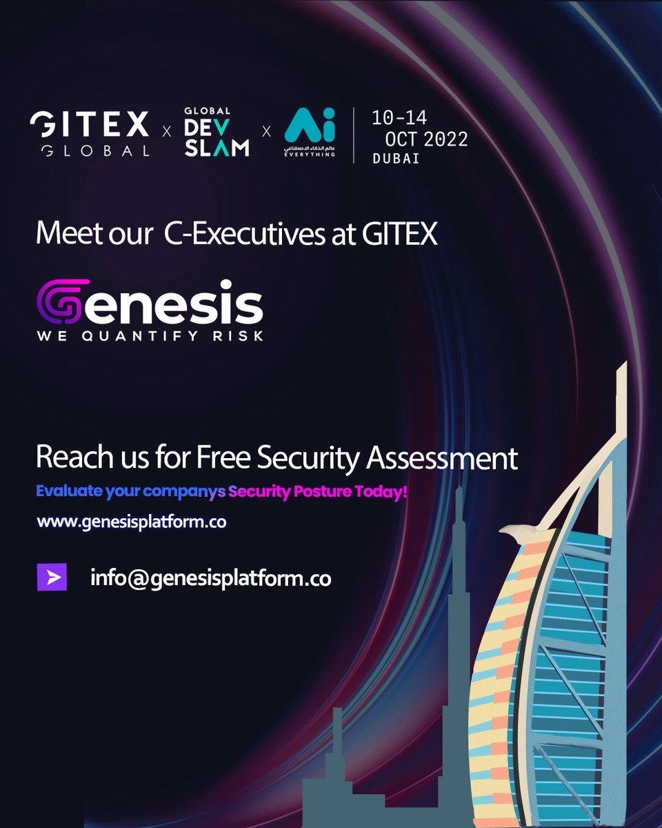 GenesisPlatform's tweet photo. Get to know more about Genesis.
Meet our C-Executives at GITEX Global.

Download Brochure: https://t.co/LM8I8i2WKc

#gitex2022 #gitexglobal #cybersecurity #cybersecurityawareness https://t.co/KXAgzWx3Rv