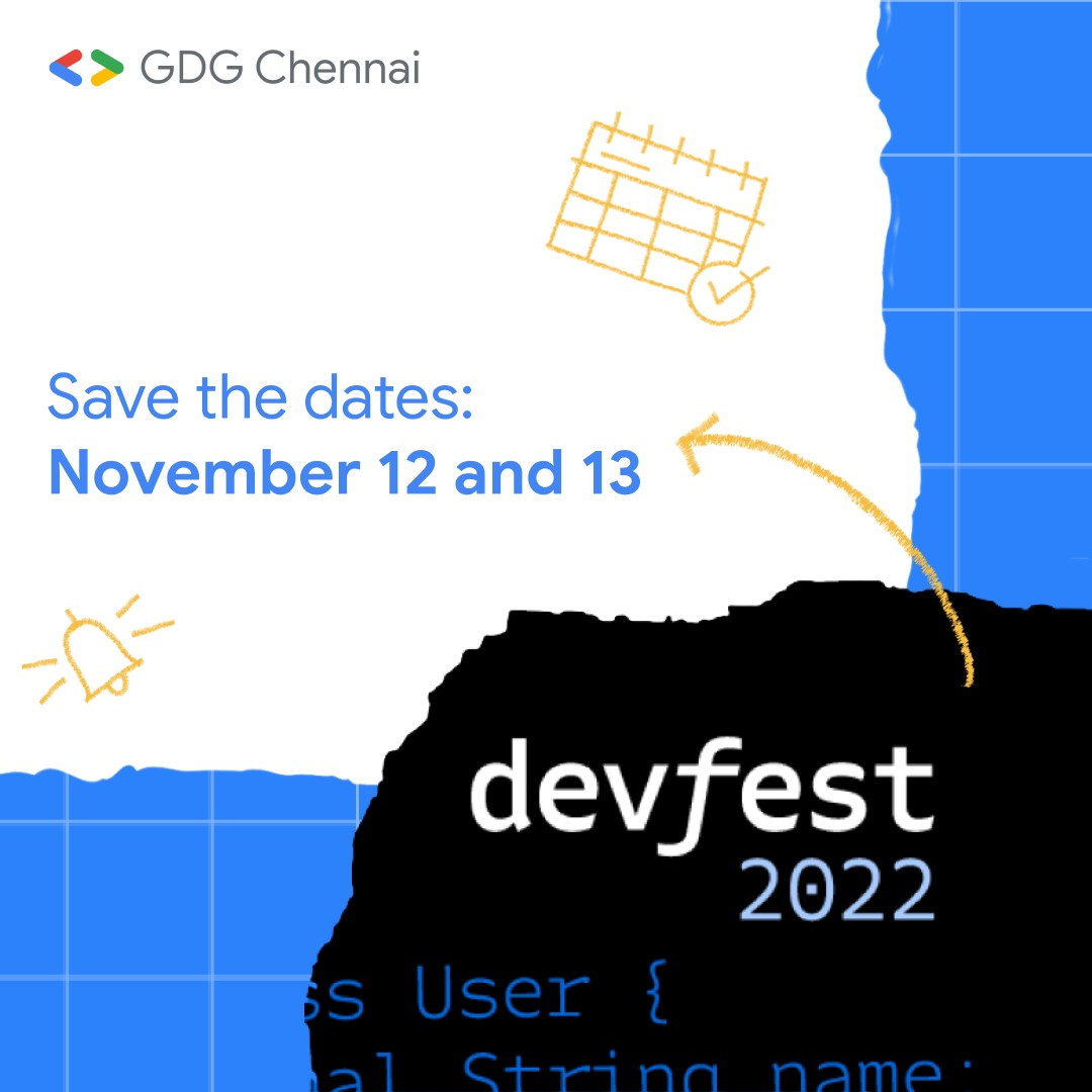 The wait is over, the greatest collab with the developers of GDG Chennai is here #DevFest2022 
Mark your calendars now ! 🔥

#devfestchennai #gdgchennai #devfest #googledevelopers
<a href="/wtmchennai/">WomenTechMakers Chennai</a> <a href="/googledevs/">Google for Developers</a> <a href="/GdgCloudChennai/">GDG Cloud Chennai</a>