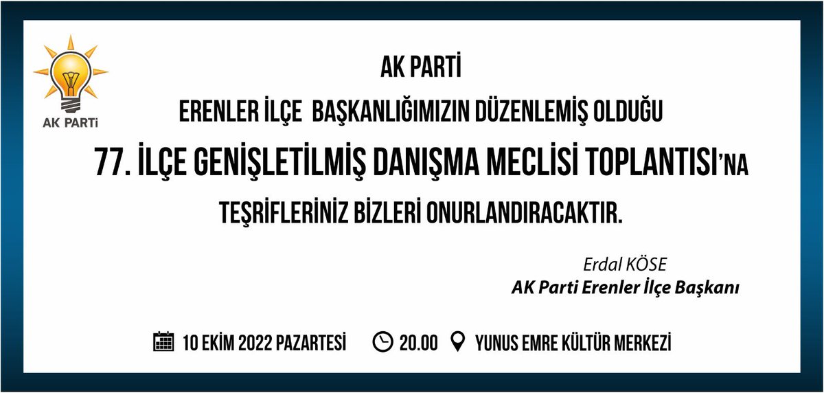 Bugün saat 20:00’ de düzenlenecek olan 77. İlçe Genişletilmiş Danışma Meclisi toplantımıza tüm hemşehrilerimiz davetlidir. 

📍Yunus Emre Kültür Merkezi
🕖 20:00’ de