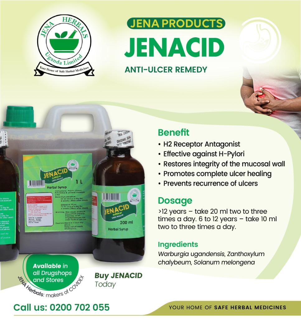 Don't let ulcers rob you of your life?

Jenacid is the most effective remedy for peptic ulcer treatment that promotes complete ulcer healing. 

Buy one at your nearest Pharmacy or Drug Shop

#JenaDM #makersofCOVIDEX #JenaLifeUg #treesforlife #treesforhealth