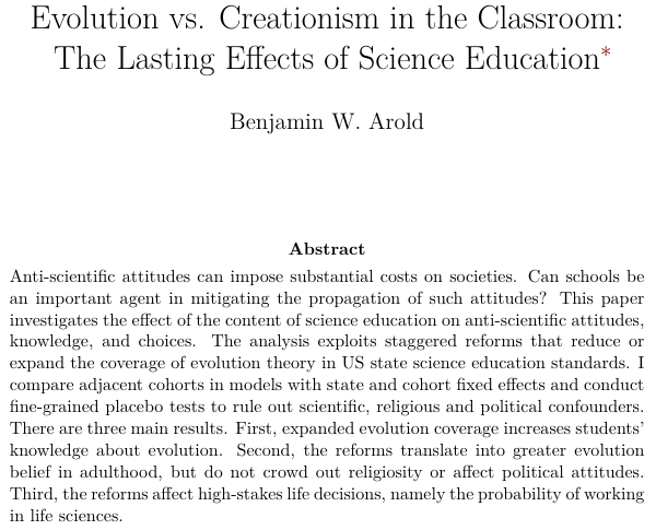 📢New WP🚨 “Evolution vs. Creationism in the Classroom: The Lasting Effects of Science Education” Key result: Evolution teaching affects students` related knowledge, adulthood beliefs, and life choices. More here:🧵 👉research-collection.ethz.ch/handle/20.500.… 1/8