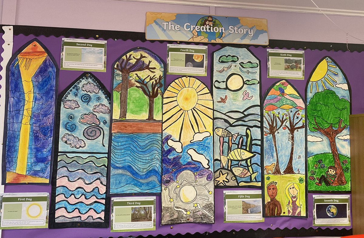 SaintPrimary's tweet photo. The P4-7 children learned all about Creation. Have a look at their amazing depictions of the 7days of creation in the style of stained glass windows. @DownandConnor @InfoCcms @CatholicSchools https://t.co/DFosm1ah3F