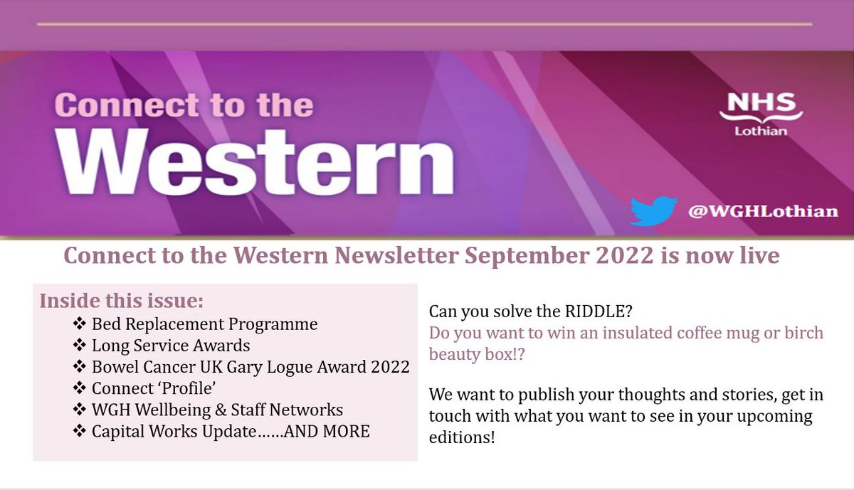 Connect to the Western September 2022 Edition is now live on the NHS Lothian intranet!

This edition features monthly favourites like the 'Connect Profile' and much much more!

WGH Staff - Don't forget to check it out
#ConnecttotheWGH
<a href="/WghLothian/">WGH Connect</a>
