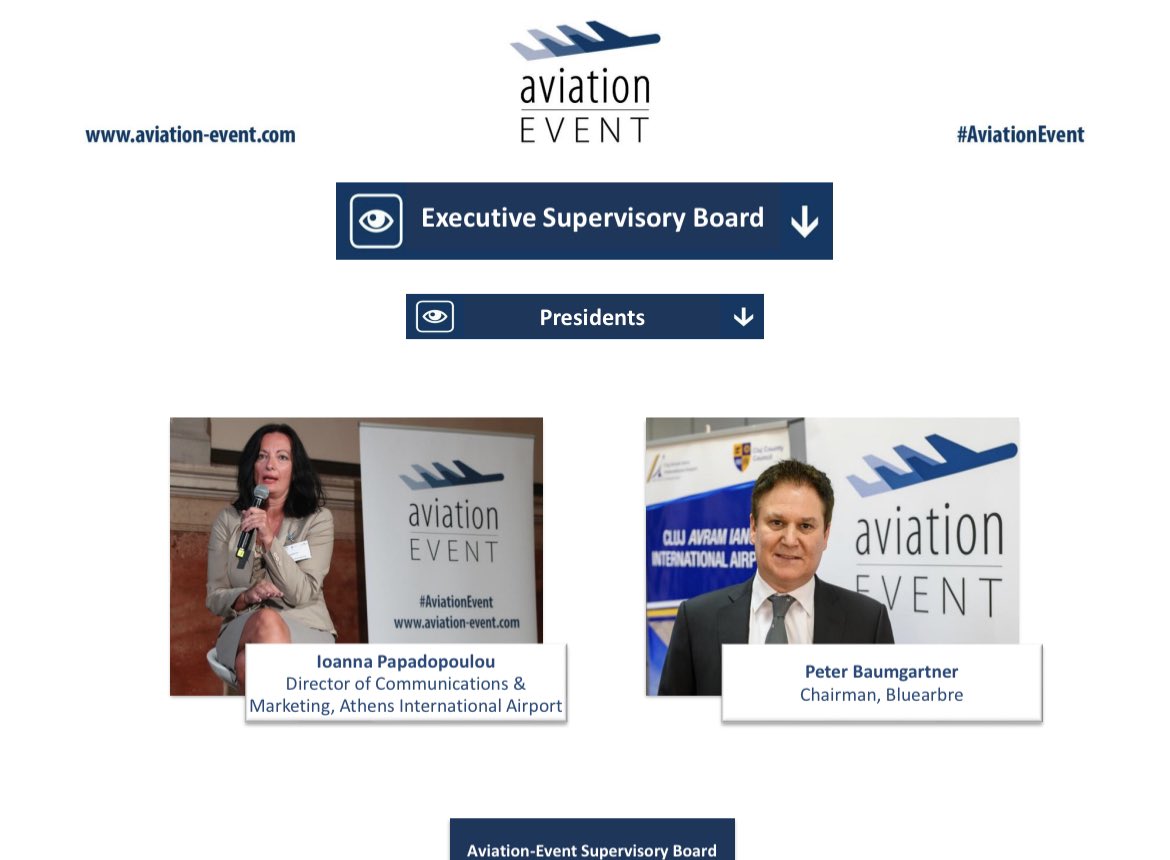 It's an honour for Aviation-Event to announce Ioanna Papadopoulou, Director of Communications & Marketing at @ATH_airport, and Peter Baumgartner, former CEO, @etihad and Chairman of advisory firm Bluearbre Ltd., as the new presidents of the Aviation-Event Supervisory Board.
