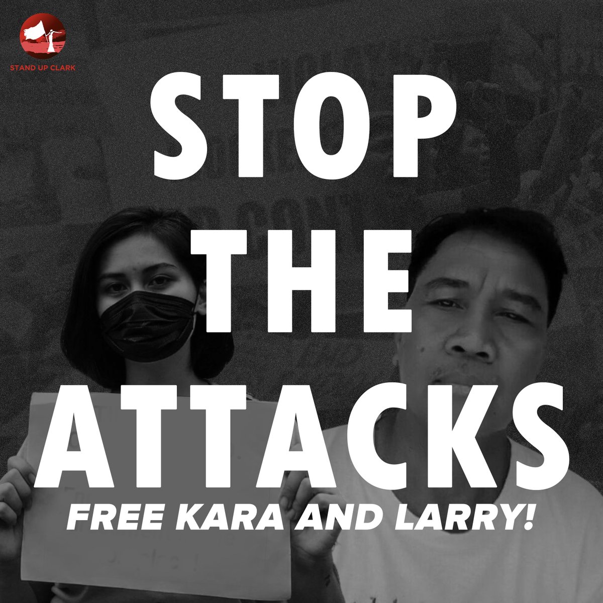 standupclark's tweet photo. PAKAWALAN SINA KARA AT LARRY! 

BASAHIN: https://t.co/a7x136wm8p

Bilang mga iskolar ng bayan, panawagan namin na palayain sina Kara at Larry! Itigil na ang karahasan sa mga unyonista at mga organisador!

#FreeKaraandLarry
#StopTheAttacks https://t.co/J4pijXqBEO