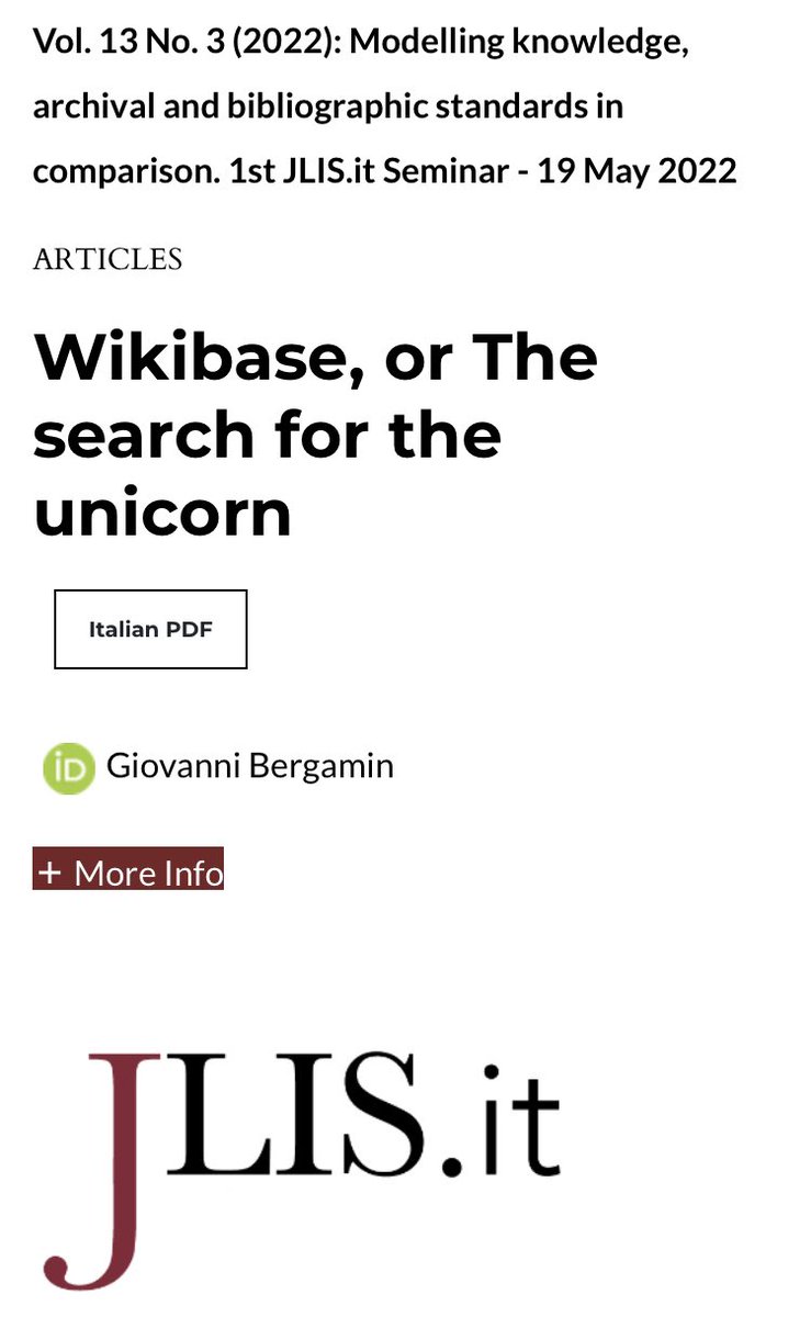 📍<a href="/gbergamin/">Giovanni Bergamin</a> ➰ Wikibase, or The search for the unicorn 📂 V.13, n.3 2022 JLIS.it jlis.it/index.php/jlis… #wikibase #ifla #lod #marc
