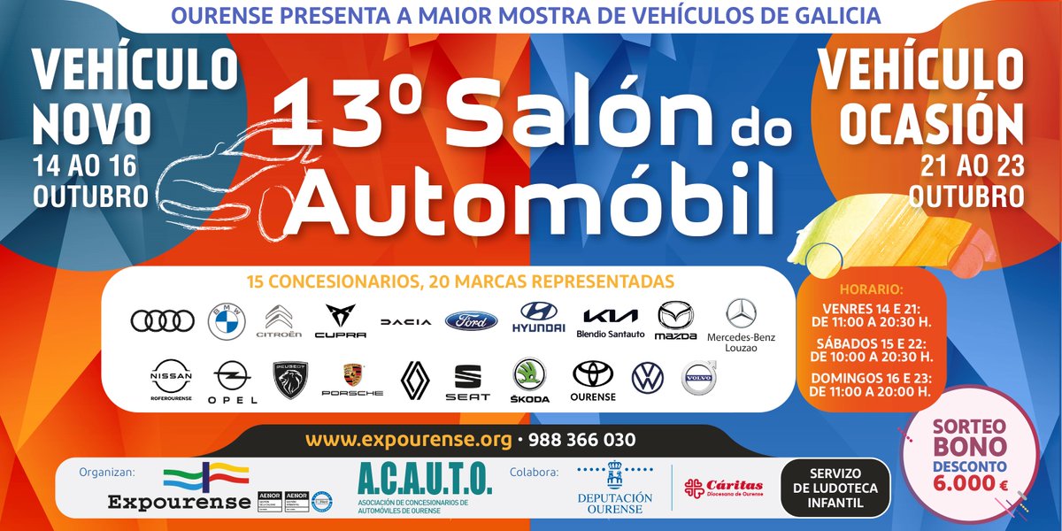 EXPOURENSE's tweet image. En @EXPOURENSE preparamos xa a seguinte cita, o #SalondoAutomobil!! 15 concesionarios e 20 marcas coas novidades do mercado! Cita coorganizada con #ACAUTO e coa colaboración da @DeputacionOU. Sorteo 6.000 euros. Colaboración con @CaritasOurense