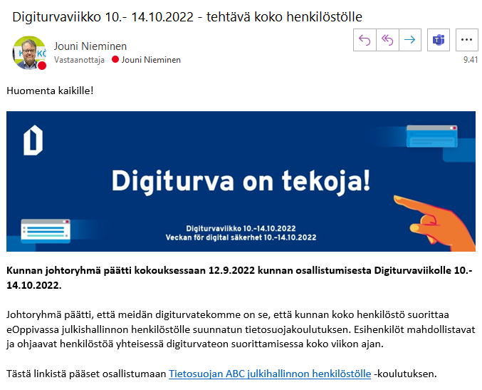 Kärkölän Kunta (@karkolankunta) on Twitter photo <a href="/KarkolanKunta/">Kärkölän Kunta</a> osallistuu #Digiturvaviikko'on!
Digiturva on tekoja - mitähän meidän kaverit tekevät tällä viikolla 🙂#Digiturvateko
<a href="/HollolanKunta/">Hollolan kunta</a> <a href="/LahdenKaupunki/">Lahden kaupunki / City of Lahti</a> <a href="/Heinolakaupunki/">Heinolan kaupunki</a> <a href="/asikkalankunta/">Asikkalan kunta</a> <a href="/Olankaupunki/">Orimattilan kaupunki</a> <a href="/iitinkunta/">Iitin kunta</a> <a href="/Hartolan_kunta/">Hartolan kunta</a> <a href="/PHliitto/">Päijät-Hämeen liitto</a> <a href="/DVVfi/">Digi- ja väestötietovirasto</a> <a href="/KarkolanKunta/">Kärkölän Kunta</a> osallistuu #Digiturvaviikko'on!
Digiturva on tekoja - mitähän meidän kaverit tekevät tällä viikolla 🙂#Digiturvateko
<a href="/HollolanKunta/">Hollolan kunta</a> <a href="/LahdenKaupunki/">Lahden kaupunki / City of Lahti</a> <a href="/Heinolakaupunki/">Heinolan kaupunki</a> <a href="/asikkalankunta/">Asikkalan kunta</a> <a href="/Olankaupunki/">Orimattilan kaupunki</a> <a href="/iitinkunta/">Iitin kunta</a> <a href="/Hartolan_kunta/">Hartolan kunta</a> <a href="/PHliitto/">Päijät-Hämeen liitto</a> <a href="/DVVfi/">Digi- ja väestötietovirasto</a>