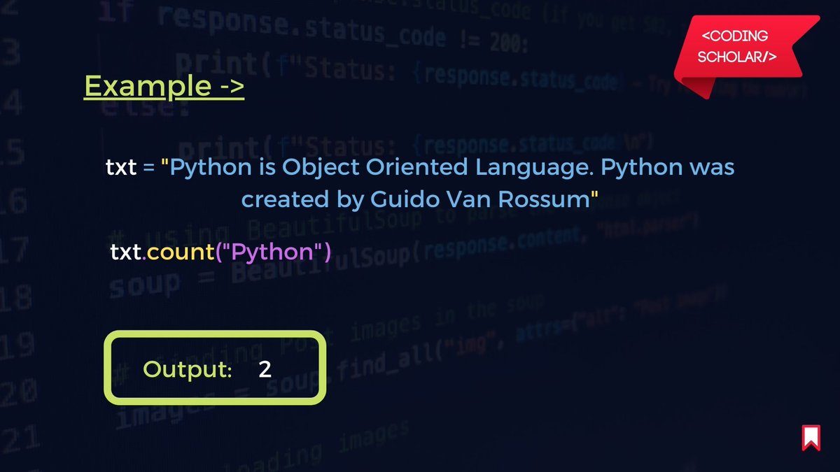 coding_scholar's tweet photo. Python String count() Method π€
Follow @coding_scholar for such more content βΊ
#codingscholar #programming #codinglife #codingisfun #codingchallenge #Python #pythonprogramming #LearnToCode #web #CodeNewbies #coder #LearnProgramming #AcademicTwitter #technology https://t.co/47r0ktpW2H