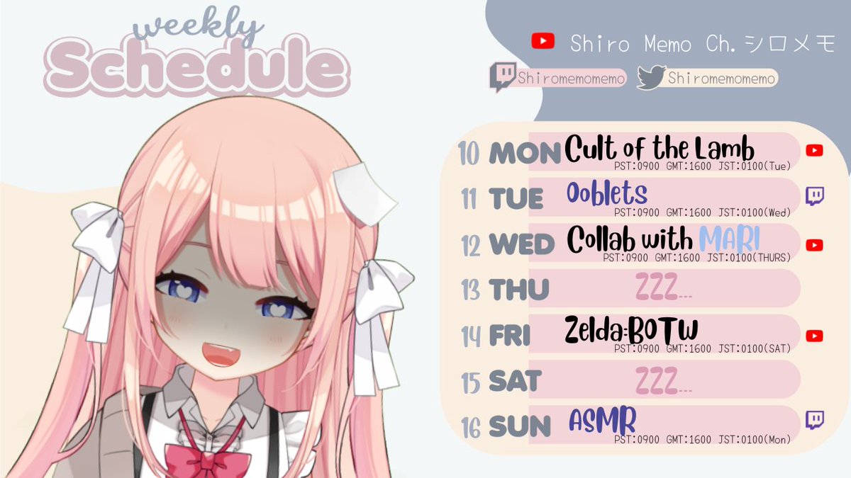 ShiroMemomemo's tweet photo. 【Schedule!!】10/10 - 16/10
The right collab time!! and first Memo 2.0 asmr
・General: #Shiromemo
・Stream: #MemoReSTART
・Fan Art: #MEMOsketch
・Fan name: #memodachi
・Meme/clips/funny video: #mememo
Schedule art @/yuentsz123 https://t.co/eoVdpiC97r