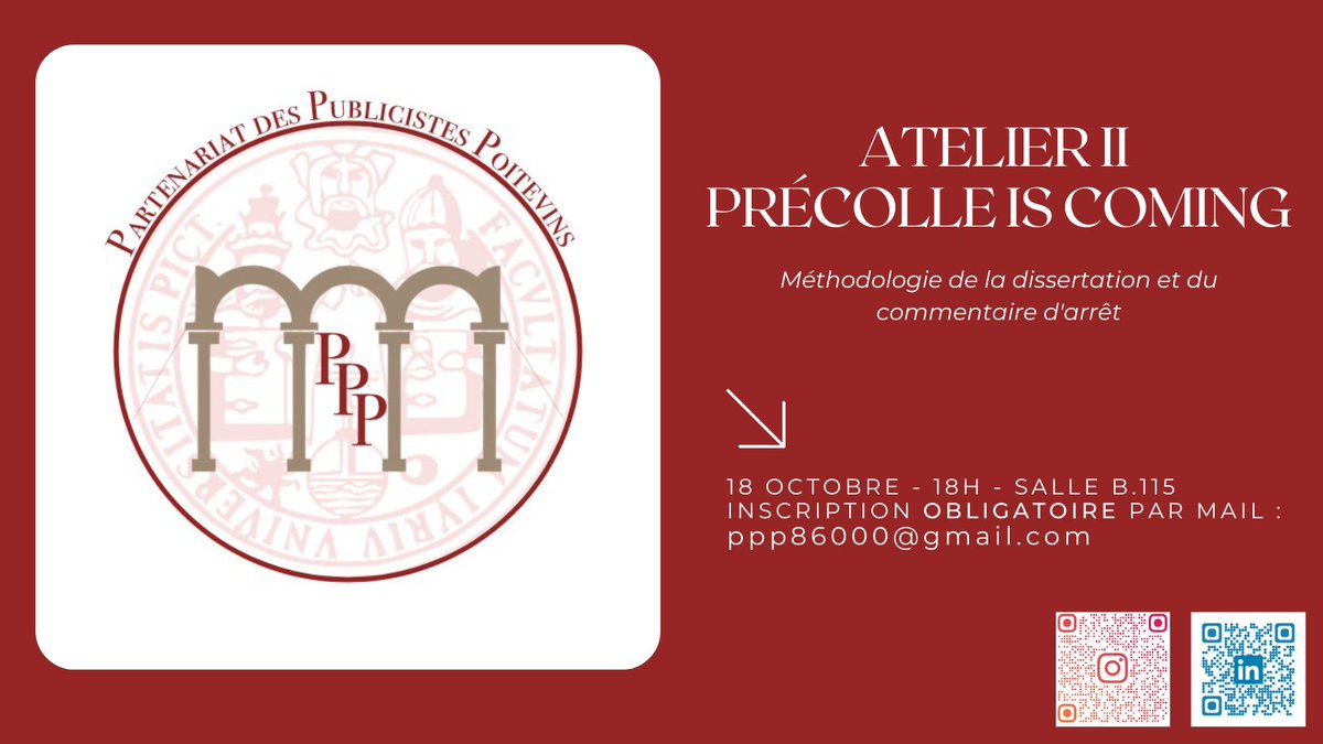 [Atelier] Le PPP est heureux de vous annoncer la tenue de son 2e atelier, qui se tiendra le 18/10 à 18h, salle B. 115 : au programme, méthodologie des exercices de la dissertation et du commentaire d'arrêt📚 
Inscription obligatoire à l'adresse mail suivante : ppp86000@gmail.com