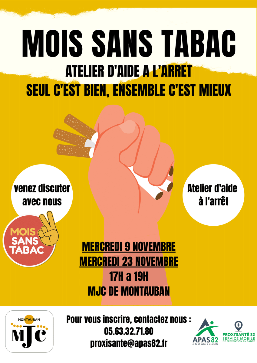 APAS_82's tweet photo. [𝐌𝐎𝐈𝐒 𝐒𝐀𝐍𝐒 𝐓𝐀𝐁𝐀𝐂] Dans le cadre du Mois Sans Tabac, Proxi'Santé 82 organise, en lien avec la MJC Montauban, des ateliers d'aide à l'arrêt du tabac. Ces ateliers sont organisés les mercredi 9 et 23 novembre, de 17 heures à 19 heures, au sein de la MJC de Montauban. https://t.co/jowXdFhtpo