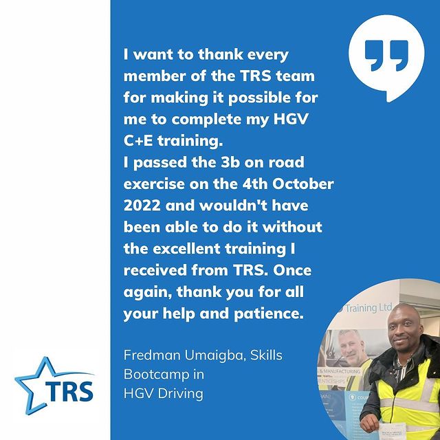 TRSTrainingLtd's tweet photo. Comments, like those below, are so great to hear. 

Thank you Fredman Umaigba for telling us about your Skills Bootcamp in HGV Driving 🙌

#trstraining #celebratingsuccess #SkillsBootcamps #lgv #hgv @dvsagovuk #skillsforlife https://t.co/YqvrrF6ifr