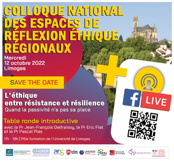 #Conférence introductive du Colloque national des Espaces de Réflexion #Éthique Régionaux #ERER Mercredi 12 octobre 17h en présentiel à #Limoges
Et aussi en #Live sur #Facebook : lnkd.in/e7P-9PcG
Table ronde avec le Pr JF Delfraissy, E Fiat &amp; P Plas
bit.ly/3rGL4Ki