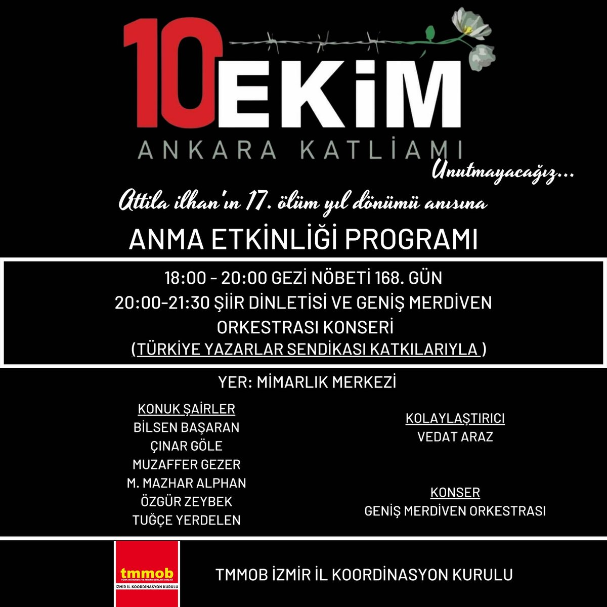 TYSizmir's tweet photo. Ne unuturuz, ne de unuttururuz...
Bu akşam #10Ekim'de katledilen güzel insanlarımızı anıyoruz!.. https://t.co/FXvQZcvnbW